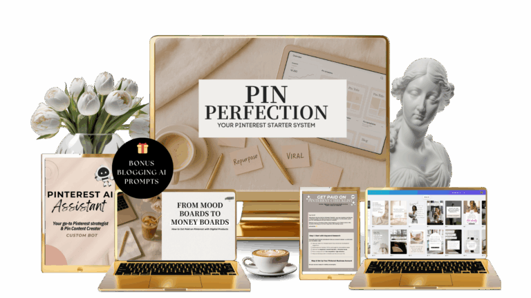 Mockup image of digital product sales using the Pin Perfection AI-powered Pinterest marketing system interface'