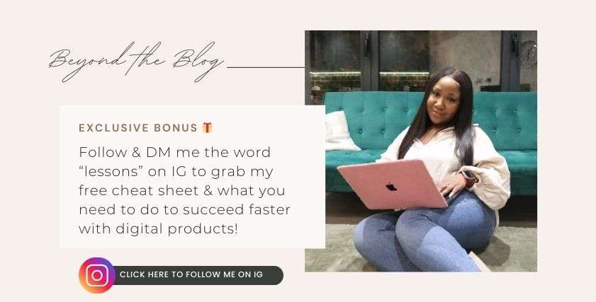 Phone screen with Instagram profile open and text overlay inviting users to follow for a free digital product checklist — showing how to sell digital products online and start a passive income business from home.