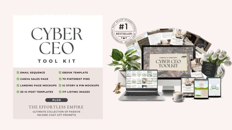 A laptop screen displaying the Cyber CEO Toolkit with over 200+ Canva templates, designed to help entrepreneurs sell digital products online using Pinterest marketing and an email funnel for beginners.”